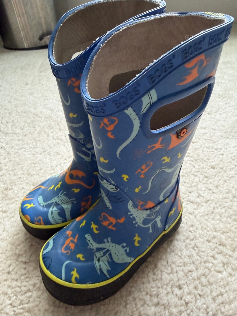 Bogs Kids Blue Dragon & Sea Creature Rain Boots with Orange Accents